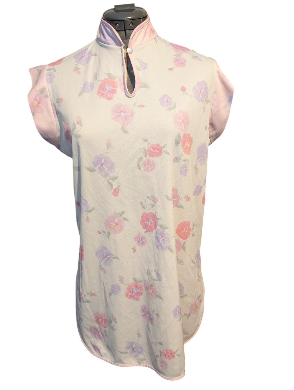 Vtg 70s Monique Floral Cheongsam Style Nightgown Mandarin‎ Collar Keyhole Medium